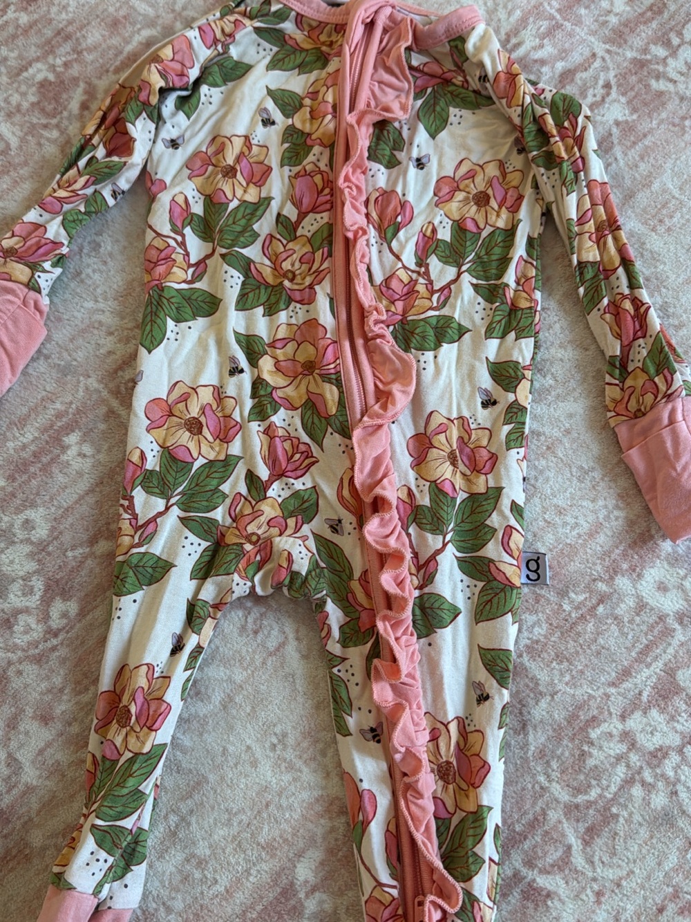 Girls Floral Ruffle-Front Bamboo Footed Pajamas - Pink & Green